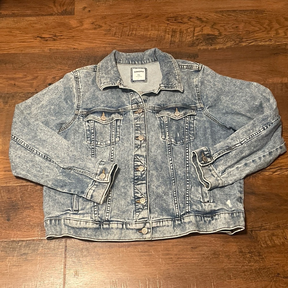 Sonoma Goods For Life Women Blue Faded Denim Jacket Size XXL Pockets Collar
